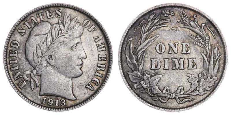 1913 Barber Dime obverse and reverse showing Liberty head design and laurel wreath