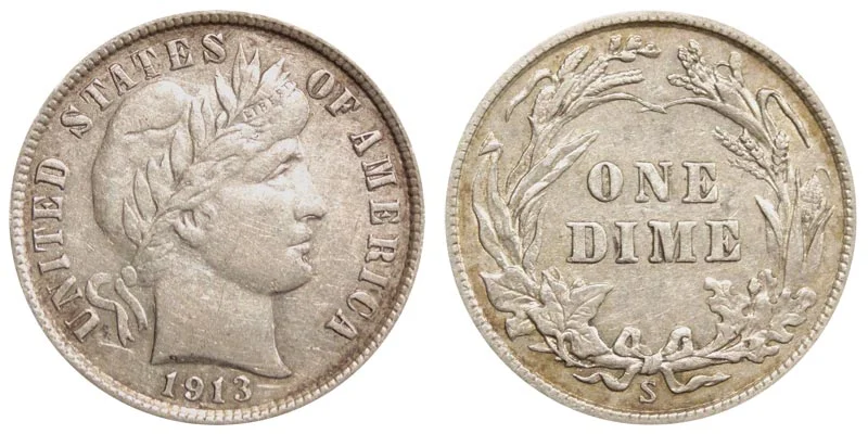 1913 Barber Dime comparison: Philadelphia no mint mark (left) versus 1913-S San Francisco mint mark (right) below the ribbon bow