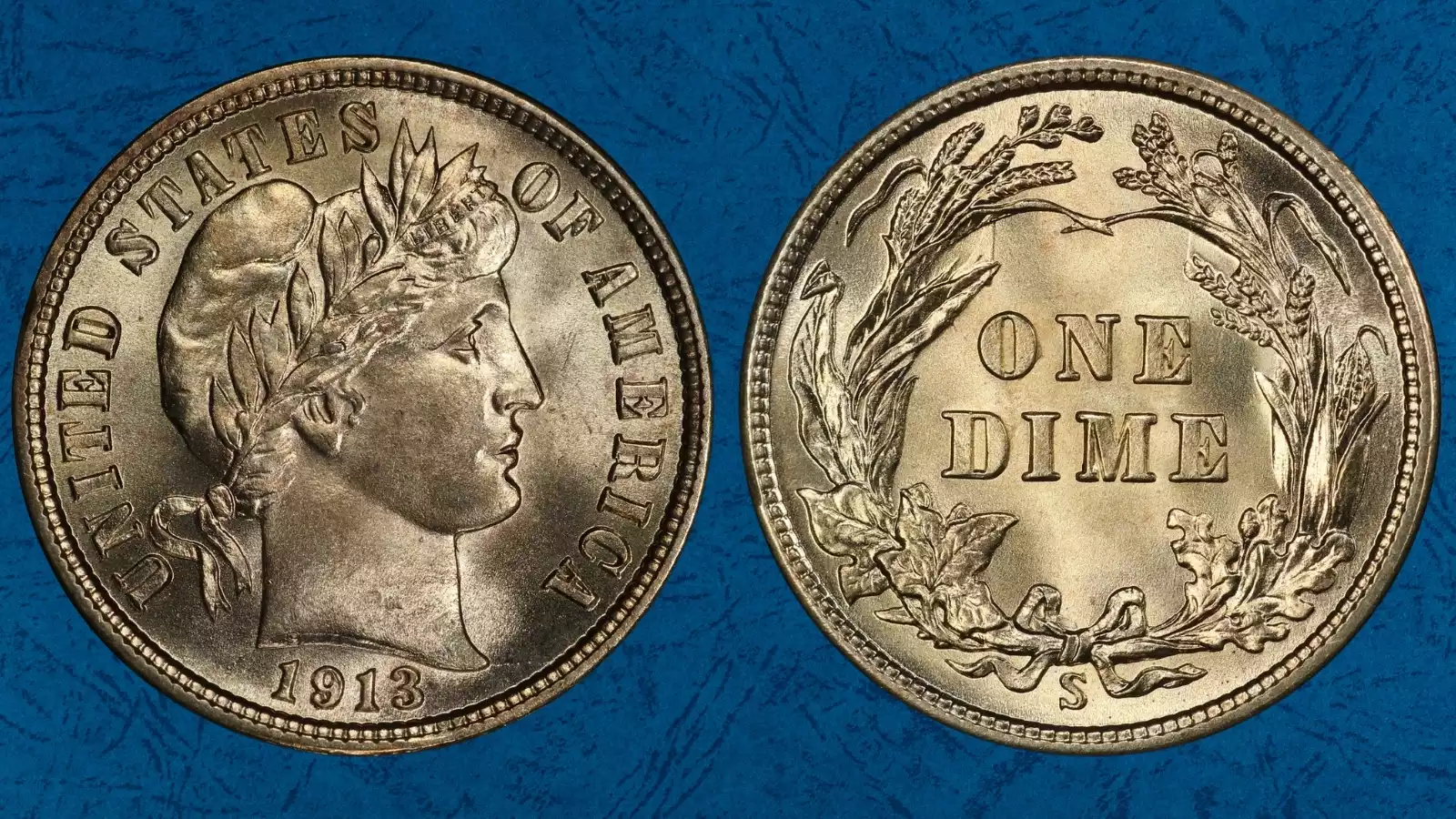 1913-S Barber dime reverse close-up showing S mint mark below the ribbon bow