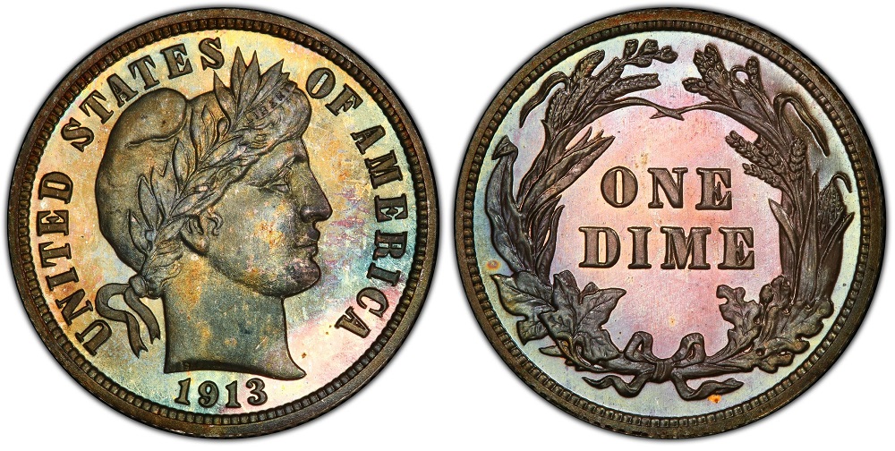 1913 Proof Barber dime obverse showing mirror-bright fields and frosted cameo Liberty portrait