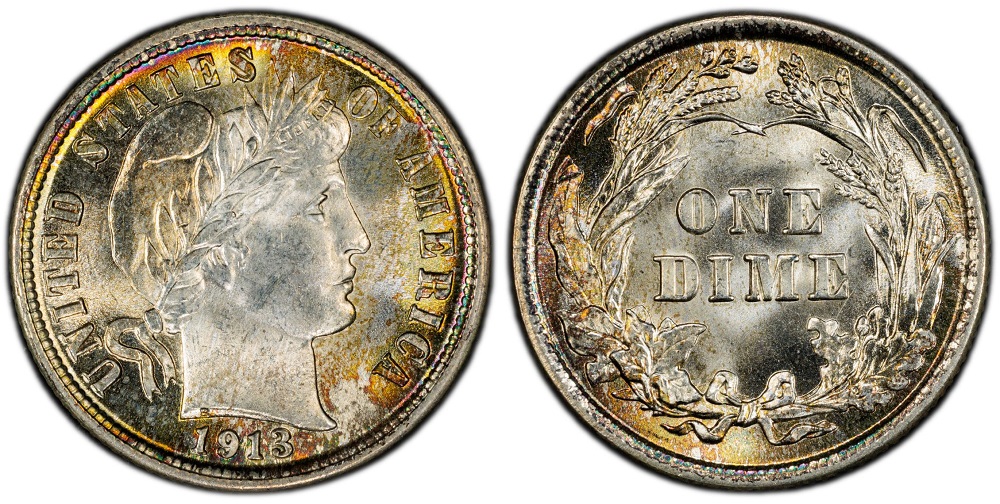 1913 Barber dime die crack error showing raised line across the coin's surface from a cracked die