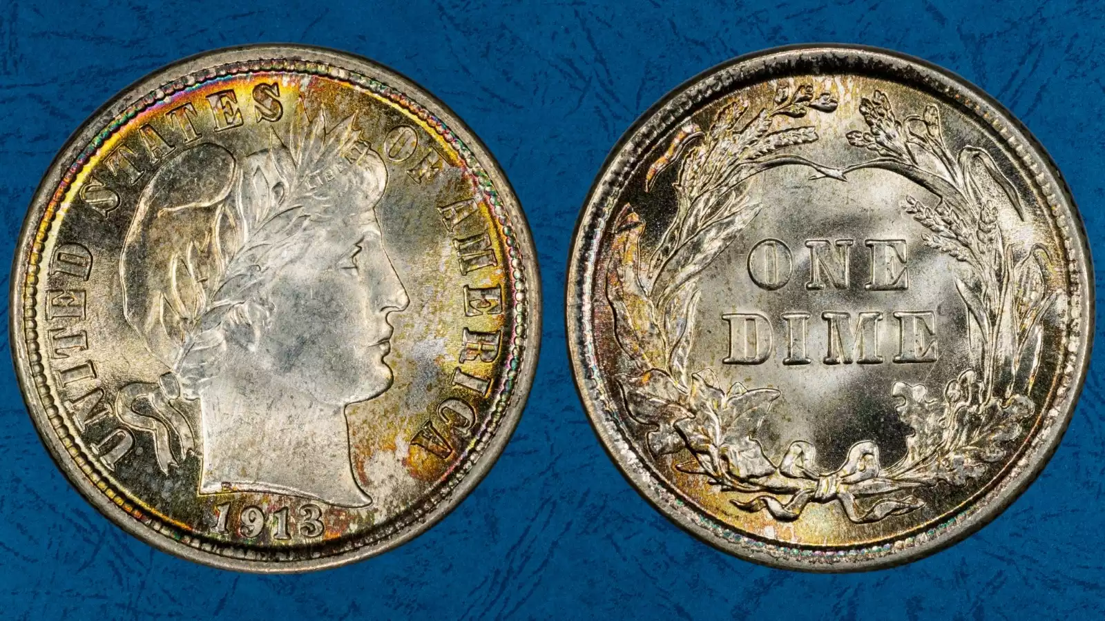 1913 Barber dime grading strip showing four condition levels: Good, Fine, Very Fine, and Mint State